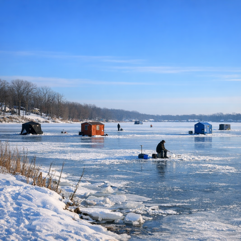 Ice fishing scene on frozen Fox Chain O'Lakes in winter