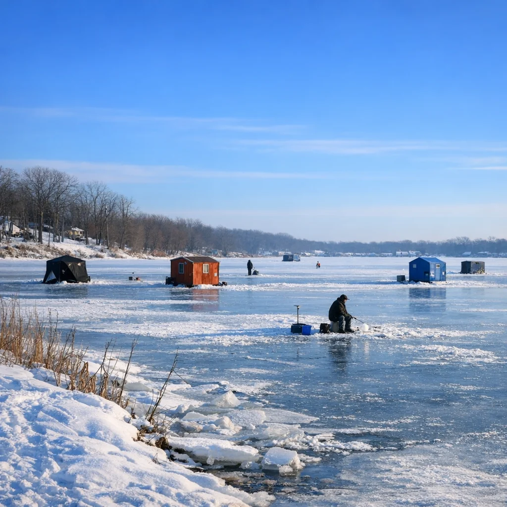 Ice fishing scene on frozen Fox Chain O'Lakes in winter
