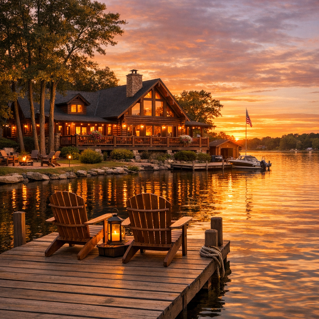 Cozy lakeside cabin near Fox Chain O'Lakes at sunset