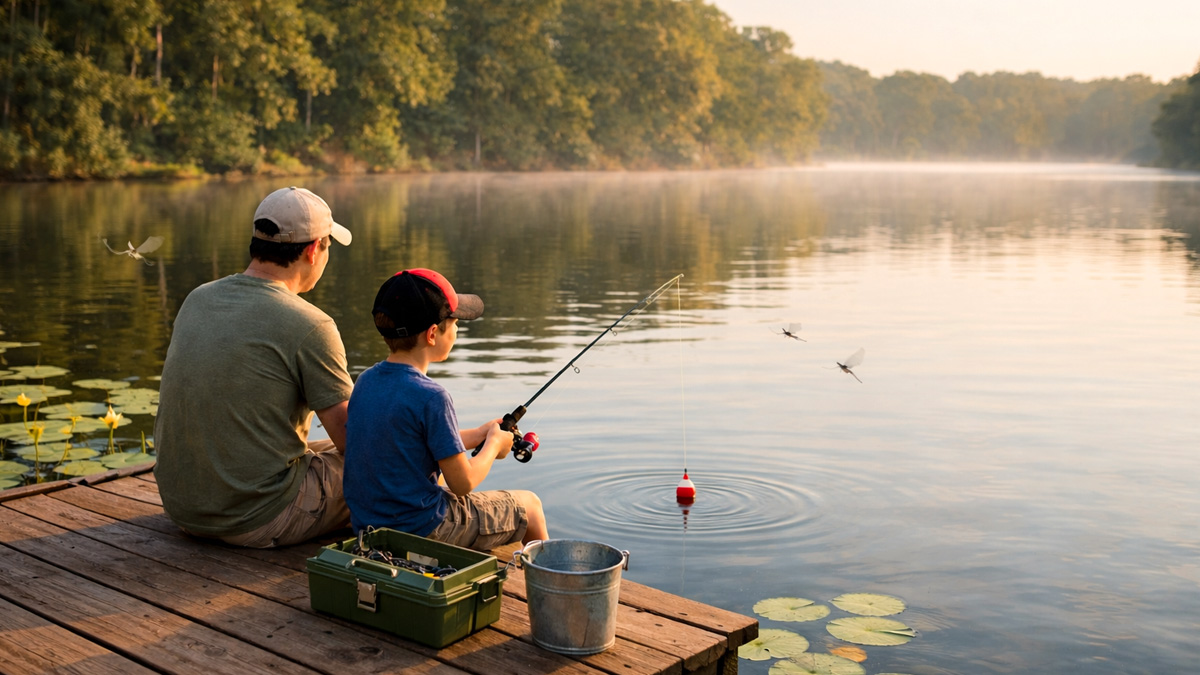 Father and son fishing together from a dock on a quiet lake at Fox Chain O'Lakes