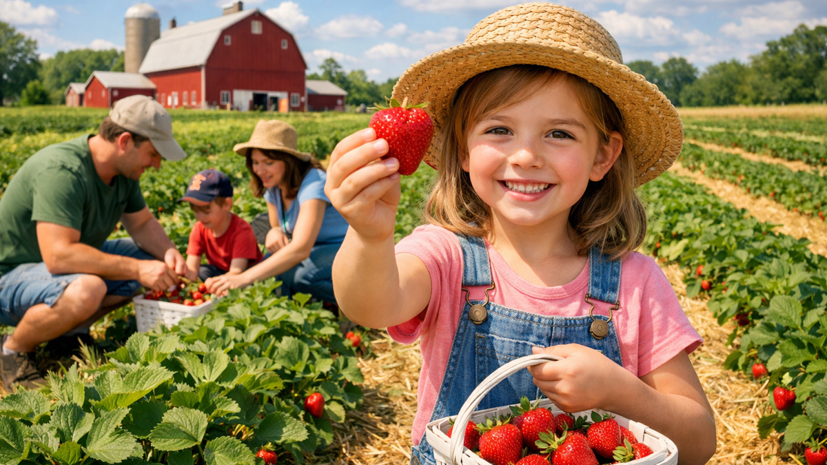 Family picking fresh strawberries at a farm near Fox Chain O'Lakes
