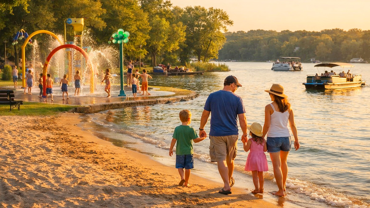 Family walking along a sandy lakefront beach with splash pad and pontoon boats at Fox Chain O'Lakes