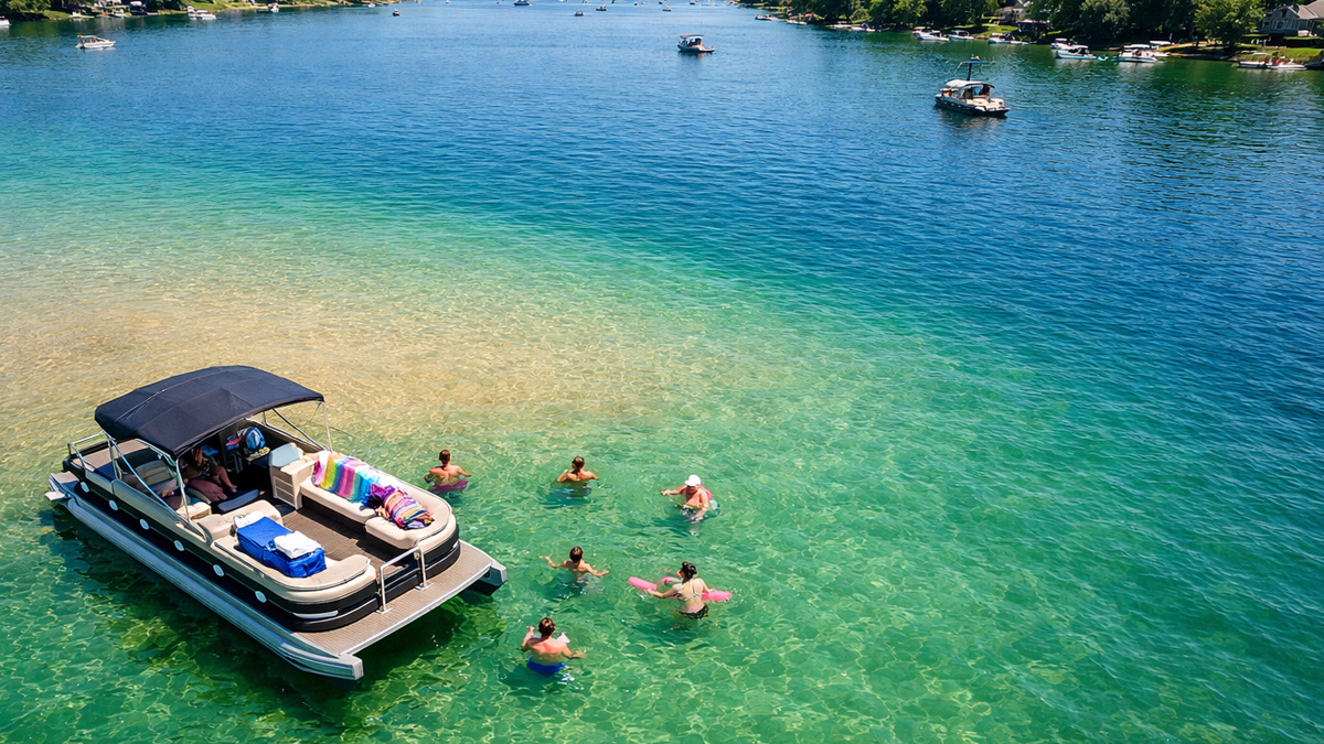 Aerial view of a pontoon boat anchored near a sandbar with swimmers on a calm lake at Fox Chain O'Lakes