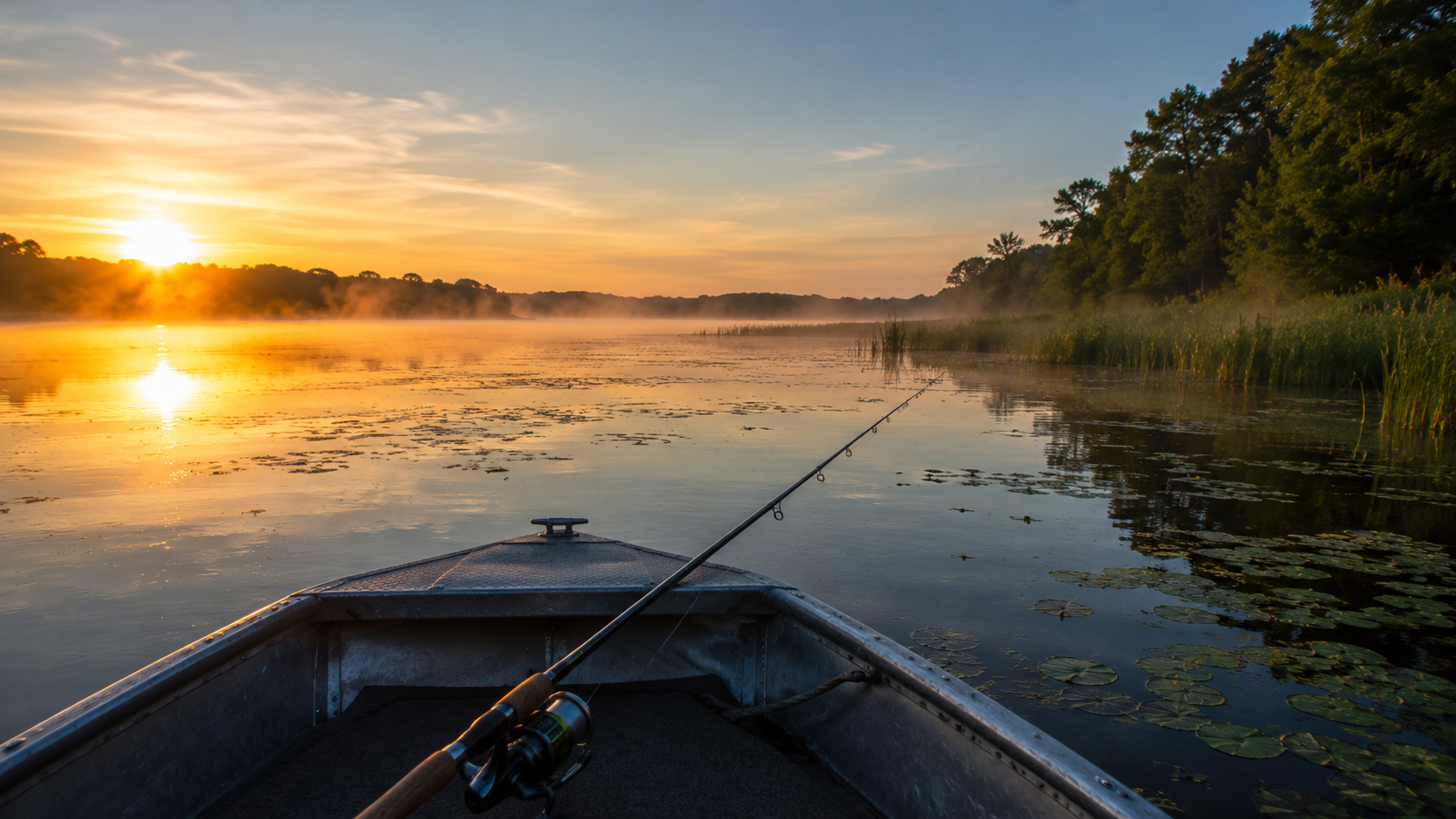 Fishing rod extended over the bow of a small boat at dawn on the Fox Chain O'Lakes, mist rising off calm water near a weed-edged shoreline