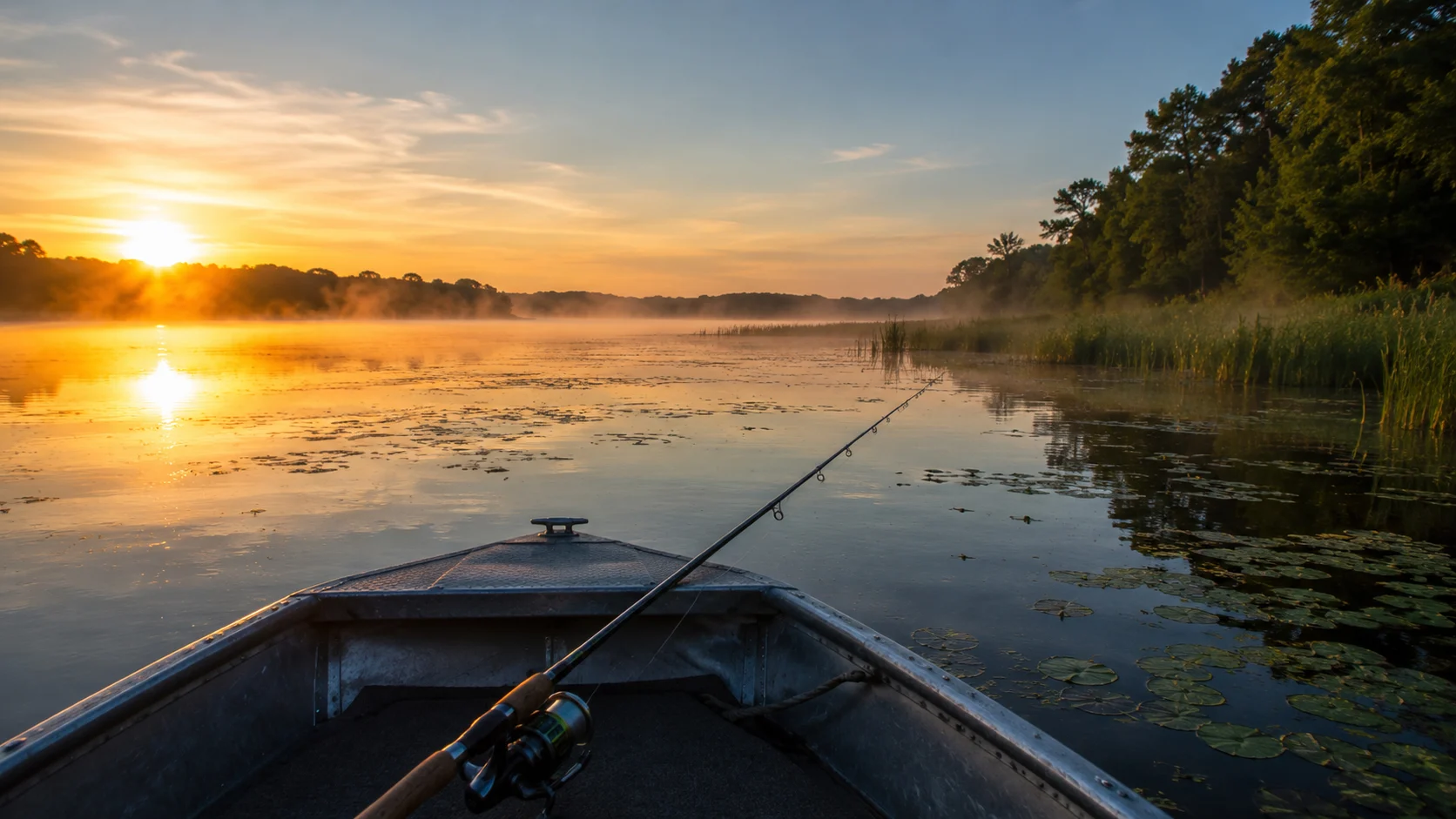 Fishing rod extended over the bow of a small boat at dawn on the Fox Chain O'Lakes, mist rising off calm water near a weed-edged shoreline