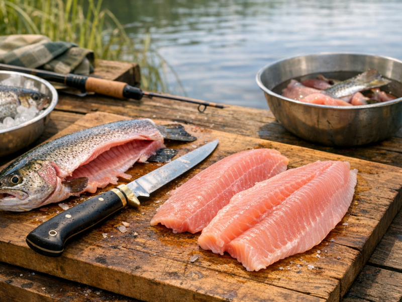 Filleting fresh caught fish on a cutting board at the lake