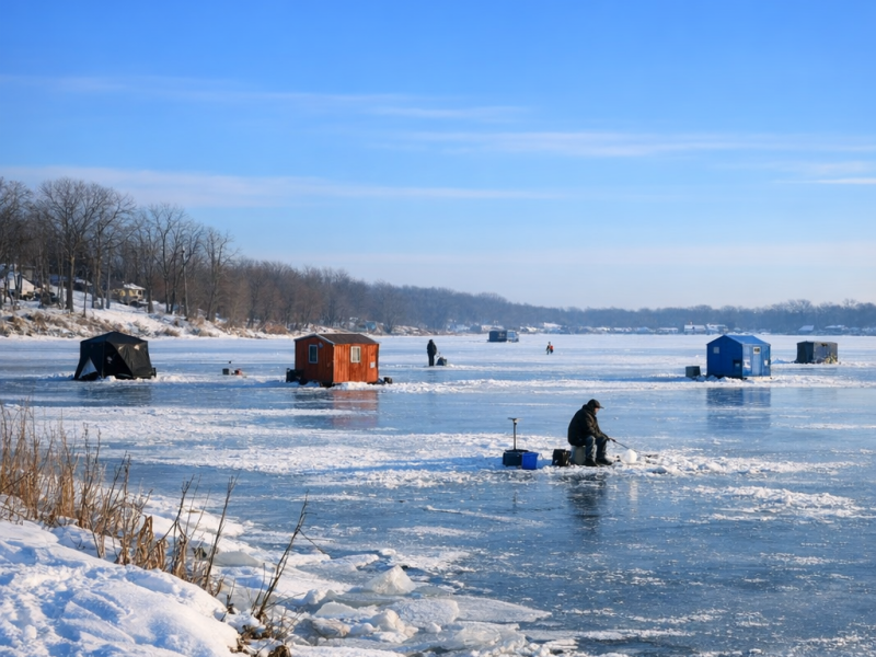 Ice fishing scene on frozen Fox Chain O'Lakes in winter