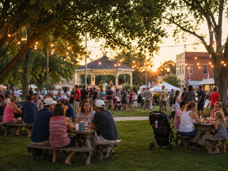 Outdoor summer festival with string lights and families gathered at picnic tables in warm evening light on the Fox Chain O'Lakes