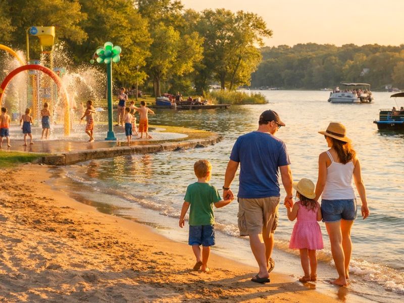 Family walking along a sandy lakefront beach with splash pad and pontoon boats at Fox Chain O'Lakes