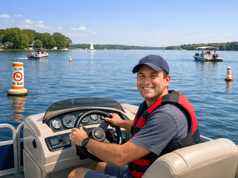 Beginner boater navigating pontoon boat on Illinois lake
