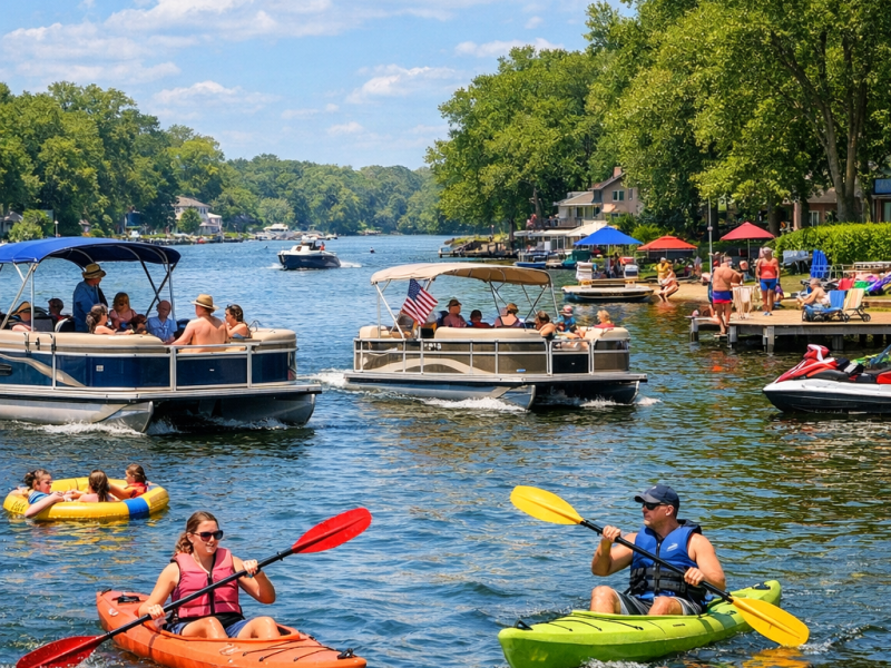 Summer activities on Fox Chain O'Lakes with boats and families