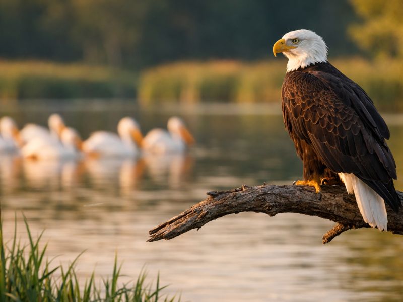Bald eagle perched on a branch over a calm Midwestern lake at golden hour with pelicans and marshland at Fox Chain O'Lakes