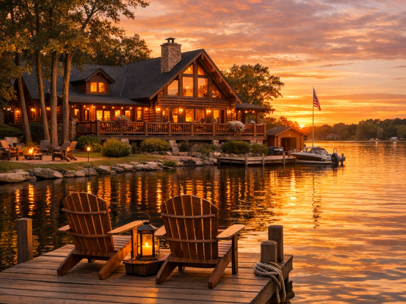 Cozy lakeside cabin near Fox Chain O'Lakes at sunset